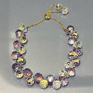 Adjustable Slider Glass Bracelet Purple Faceted Crystal Teardrop Gift Evening